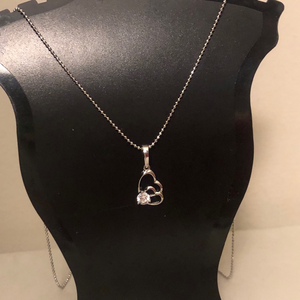 =Silver Tone Double Heart Rhinestone Ball Chain Delicate Necklace
